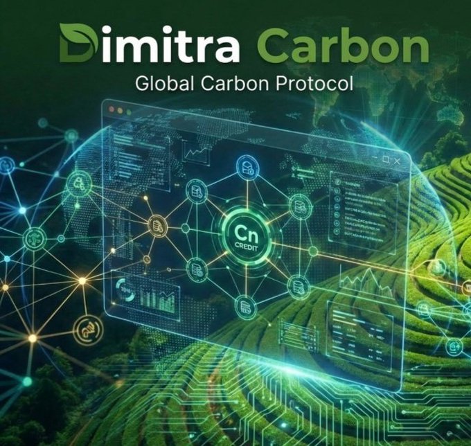 The image is a promotional graphic for "Dimitra Carbon" featuring the text "Global Carbon Protocol" above a futuristic digital dashboard displaying interconnected nodes, charts, and a central "Cn CREDIT" badge set against a backdrop of a globe and lush green farmland.

The image visually reinforces the post by illustrating Dimitra's ($DMTR) carbon credit technology integrated with global agriculture, with the interconnected digital network and farmland imagery symbolizing how the platform links farming communities in Peru, Brazil, Kenya, and Indonesia to create new income streams through carbon markets.