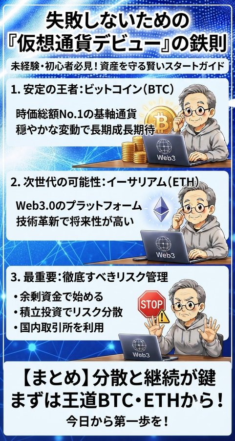 A Japanese infographic titled '失敗しないための仮想通貨デビュー' (Rules for a Successful Crypto Debut) recommending Bitcoin (BTC), Ethereum (ETH), and risk management, noting 'まずは王道BTC・ETHから！' (Start with the mainstays BTC and ETH!).
