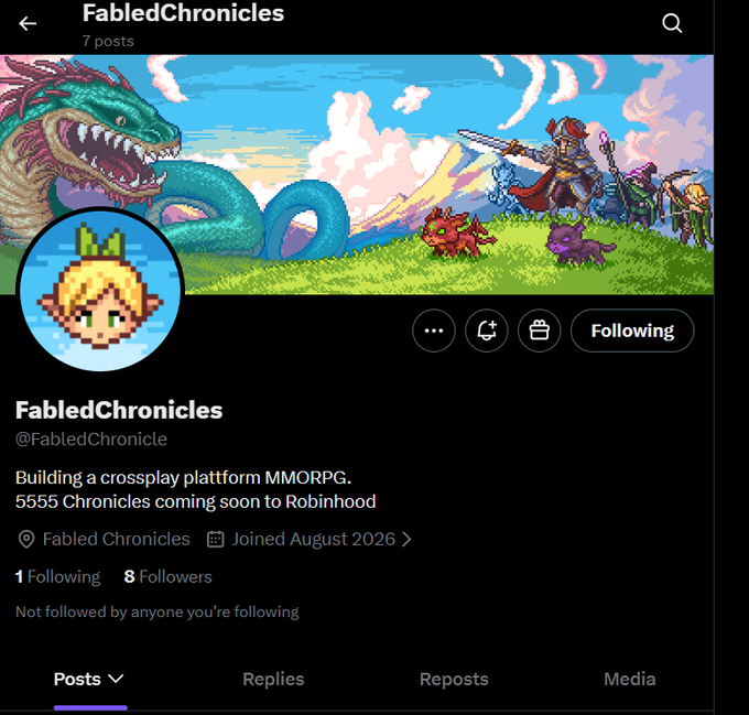 A Twitter/X profile page for 'FabledChronicles' (@FabledChronicle) describes 'Building a crossplay platform MMORPG, 5555 Chronicles coming soon to Robinhood' with pixel art banner artwork depicting a dragon battle.