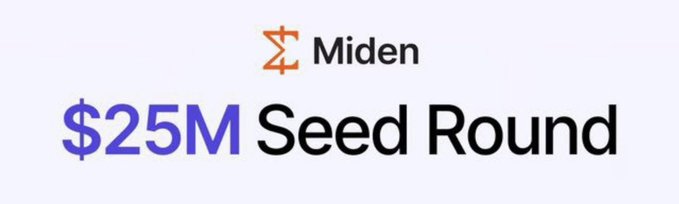 A graphic with a light background displaying the Miden logo and text announcing a '$25M Seed Round' in large blue and black lettering.