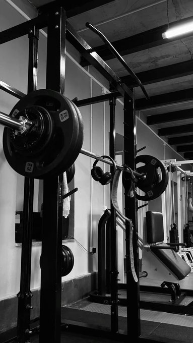 A black-and-white photo of a home or commercial gym setup featuring a squat rack with weight plates, a barbell, a cable machine, and an adjustable bench.