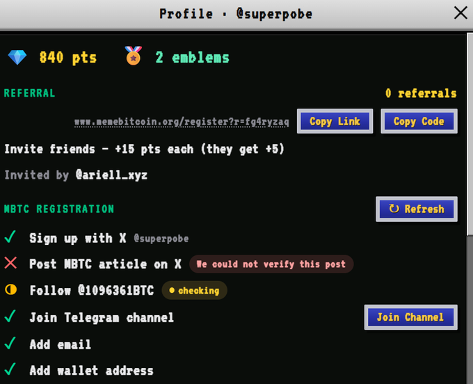 A profile page for @superpobe on memebitcoin.org showing 840 pts, 2 emblems, a referral link to invite friends for +15 pts, and MBTC registration tasks including signing up on X, posting MBTC articles, and following @1096361BTC.