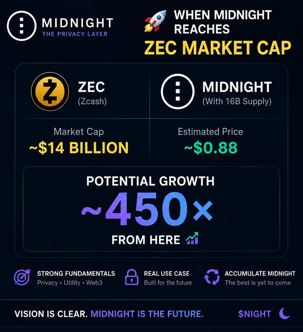 A cryptocurrency promotional graphic comparing ZEC (Zcash) market cap of ~$14 BILLION to MIDNIGHT's estimated price of ~$0.88, claiming 'POTENTIAL GROWTH ~450x FROM HERE' with the tagline 'VISION IS CLEAR. MIDNIGHT IS THE FUTURE.'