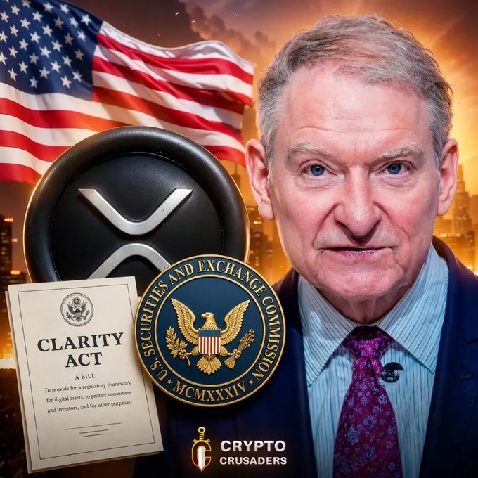 A composite promotional image featuring a man in a suit beside an American flag, the XRP logo, a 'Clarity Act' bill document, and the U.S. Securities and Exchange Commission seal, with 'Crypto Crusaders' logo at the bottom.