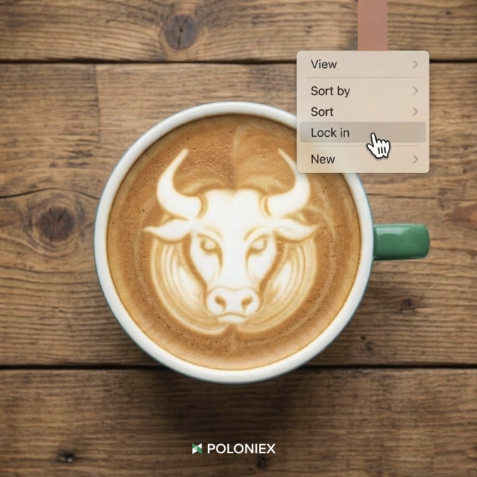 An advertisement for Poloniex featuring a cappuccino with a bull latte art design, with a dropdown menu showing 'Lock in' being clicked by a cursor.