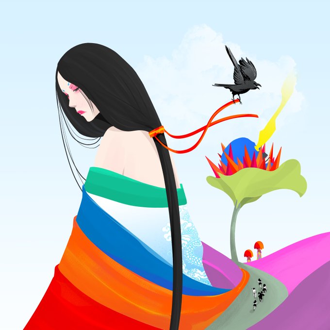 A stylized digital illustration features a woman with long black hair in profile, draped in vibrant layered fabrics of blue, orange, and red, with a black bird holding a red ribbon perched near her, set against a surreal landscape with a large flower and mushrooms. The accompanying post celebrates the sale of an NFT titled "fifty," which appears to be the artwork shown, purchased on the XRP Cafe marketplace.