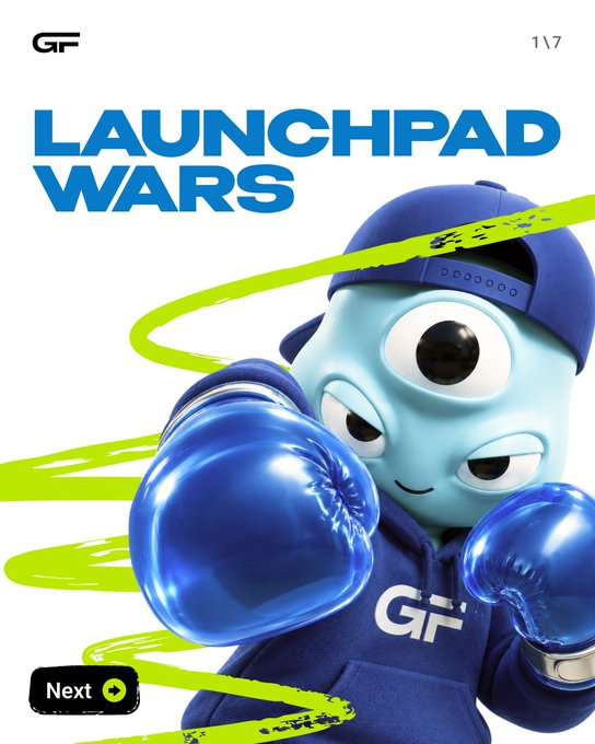 A promotional graphic for "LAUNCHPAD WARS" (1\7) featuring a blue cyclops mascot in boxing gloves, with a "Next" button at the bottom—visually framing the week's fee comparison showing pump.fun's decline to #3 globally, outpaced by Robinhood Chain's Pons ($33.8M) and BSC's Flap.sh ($11.5M).