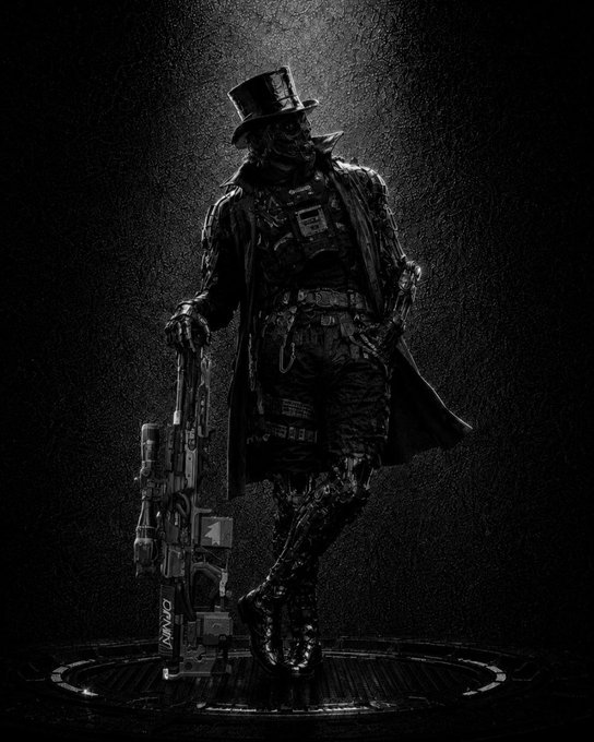 A dark, stylized black-and-white digital illustration of a menacing figure in a top hat and long coat holding a large futuristic gun.