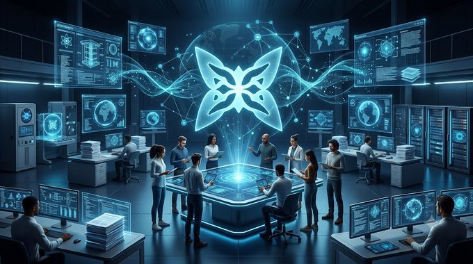 A futuristic digital control room with a glowing butterfly logo in the center, surrounded by people working at computer stations with holographic displays.