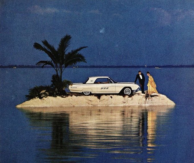 A vintage-style image of a couple in formal attire standing next to a classic white convertible on a small island with a palm tree, surrounded by calm water at dusk.
