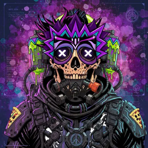 A cyberpunk-style illustration of a skeleton character with purple and green star-shaped glasses, X-shaped eyes, and a gas mask, surrounded by cybernetic gear and dripping green slime, labeled 'CYBER' and 'METE 0024'.
