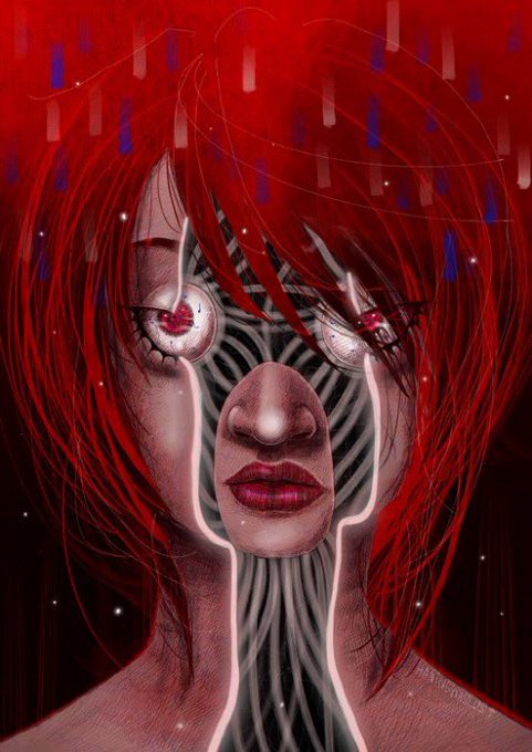 A surreal digital art portrait of a woman with bright red hair, cracked white eyes with red pupils, and an exposed inner face showing a nose and lips with radiating patterns.