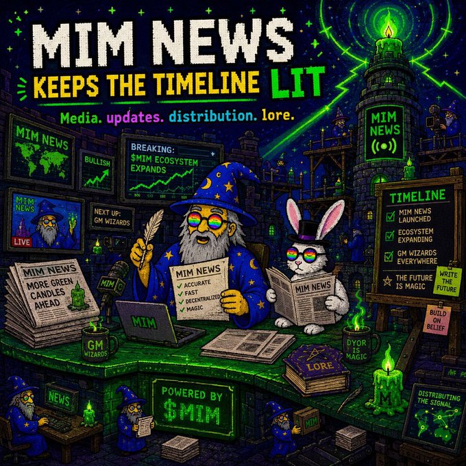 The image features two cartoon characters, an old wizard with a long white beard wearing a purple robe and a rabbit dressed as a witch holding a book titled "MIM News" while sitting at a desk surrounded by various books and other items such as a laptop and a cup of coffee. The background is dark green, and there are multiple screens displaying different news articles or updates. The post includes text that reads "MIM News keeps the timeline lit", which suggests that the image is related to the meme culture and its impact on society.