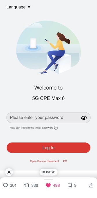 A login screen for a 5G CPE Max 6 router interface, featuring an illustration of a woman on a cube and a password entry field with a 'Log In' button.