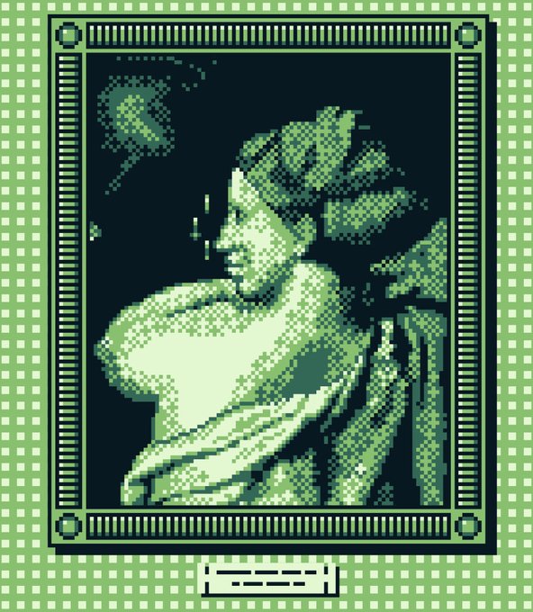 This pixel-art image displays "The Galleria," a portrait of a woman in green tones framed by a decorative border, minted by @cartyisme with a supply of 2,600 on the ETH mainnet.