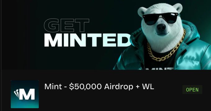 An advertisement for 'Mint' featuring a polar bear in sunglasses with text 'GET MINTED' and 'Mint - $50,000 Airdrop + WL'.