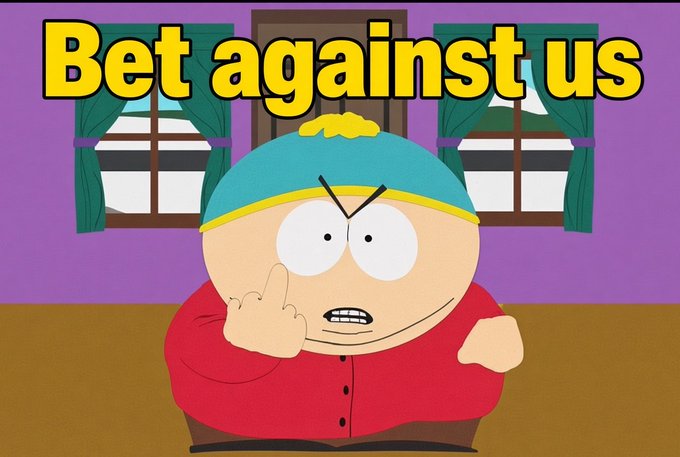 A still image of Cartman from South Park angrily raising his middle finger with the bold text "Bet against us" displayed at the top, perfectly capturing the defiant, confrontational sentiment directed at $GME short-sellers.