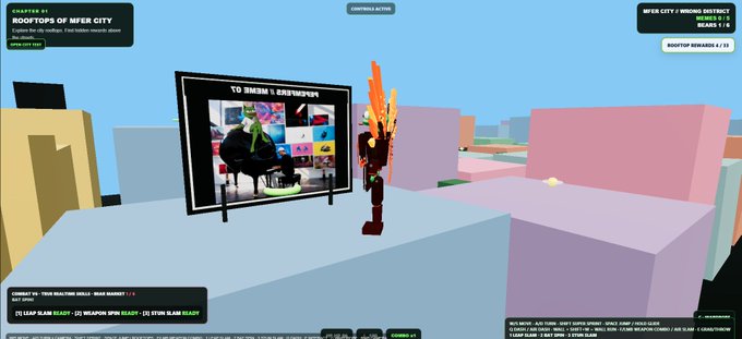 A screenshot from a virtual reality platform shows an avatar with fiery hair standing in a minimalist environment of pastel-colored blocks. The avatar faces a large digital display screen titled 'NIGHTFRAME 1.0' showing artwork, with 'MFER CITY' location info visible in the top right corner.