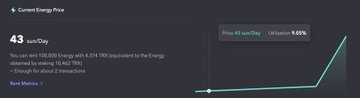 A dark-themed infographic about JustLendDAO's energy rate reduction on TRON, featuring blurred text and teal-colored charts/graphs that illustrate the drop from a 15% to 8% base rate and the current 43 sun/day energy price.