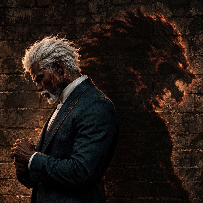 A dramatic digital artwork depicts an older man with white hair in a suit standing with his head bowed, while a fiery, shadowy lion-like spirit manifests behind him against a brick wall.