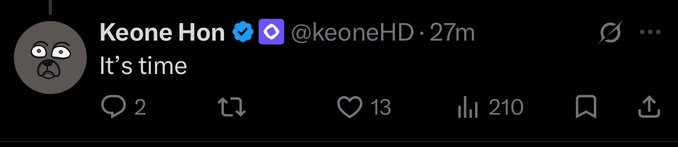 A tweet from verified user "Keone Hon" (@keoneHD) posted 27 minutes ago reads simply "It's time," featuring a profile picture of a wide-eyed dog face and showing 2 replies, 13 likes, and 210 views. The cryptic "It's time" message likely relates to the post's urgent call for action regarding the upcoming 16.62% $MON supply unlock in November, signaling that preparation needs to begin now.