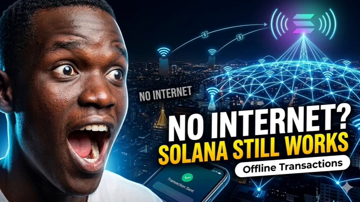 The image features a man with his mouth open, looking surprised or excited about something happening in the background. The text above him reads "No Internet? Solana Still Works", indicating that the internet has been offline for some time now. This suggests that the man is talking about an alternative method of communication and transactions using Solana's blockchain technology, which operates independently from traditional internet connectivity. The image also includes a cell phone with a message on it, possibly related to the offline nature of Solana's operations or the concept of "offline transactions".