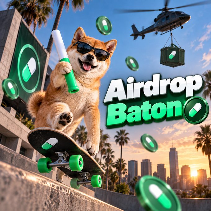 A digital illustration titled 'Airdrop Baton' featuring a Shiba Inu dog wearing sunglasses while riding a skateboard, holding a green baton, with green pill icons and a helicopter dropping a crate in a Los Angeles sunset background.