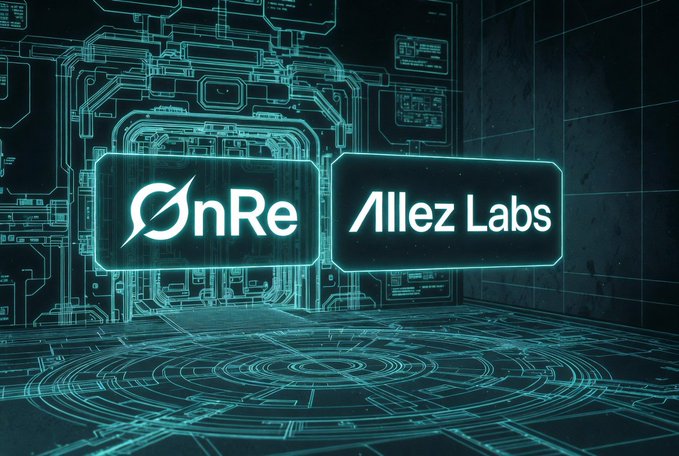 The image features a futuristic building with lines of code representing power, light, or information flowing through it. The most prominent elements are two large neon letters spelling out "ONRE" and "ALLEZLABS". Below them, there is an image of the company's logo - a green circle with the word "ALLEZ" written on it. The text in the image suggests that Onre and Allez Labs are working together to implement risk management strategies for their infrastructure. This collaboration aims to ensure the security and stability of the systems represented by ONRE, as well as the smooth functioning of Allez's infrastructure.