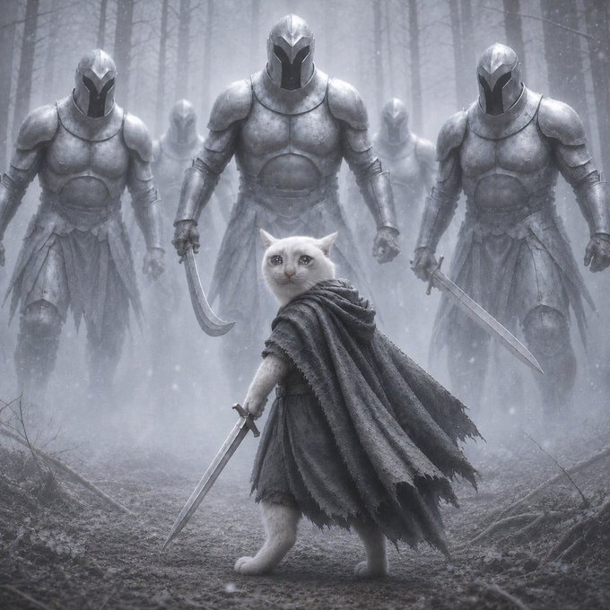 A fantasy digital artwork showing a small white cat wearing a tattered gray cloak and wielding a sword in a misty forest, standing in front of three imposing, armored knight-like figures.