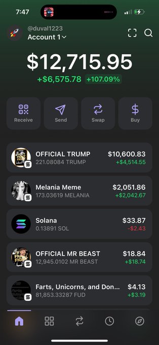 The image shows a cellphone with a screen showing different financial apps that include one for Bitcoin. The Bitcoin app displays a list of transactions, including the recent transaction of $12,715.9. In the vicinity around these numbers, there are many other details about Bitcoin and cryptocurrency adoption on social media platforms. The content of the post emphasizes the importance or success of Trump Coin as a product and the growing interest in Bitcoin among users.