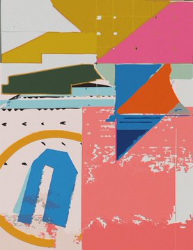 A colorful abstract artwork featuring geometric shapes, torn paper effects, and small bird silhouettes on a pink and blue background.