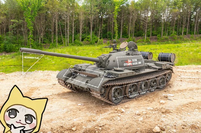 A tank labeled with "CANNON FLAG," "FRONT," "BACK-SIDE," and "OTHER SIDE 360" is shown in a field, with a cartoon cat emoticon in the corner.

The image humorously references a "5% correction to MAG 7" by likening the small dip to being blasted by a massive cannon, with the cartoon cat reacting in shock.