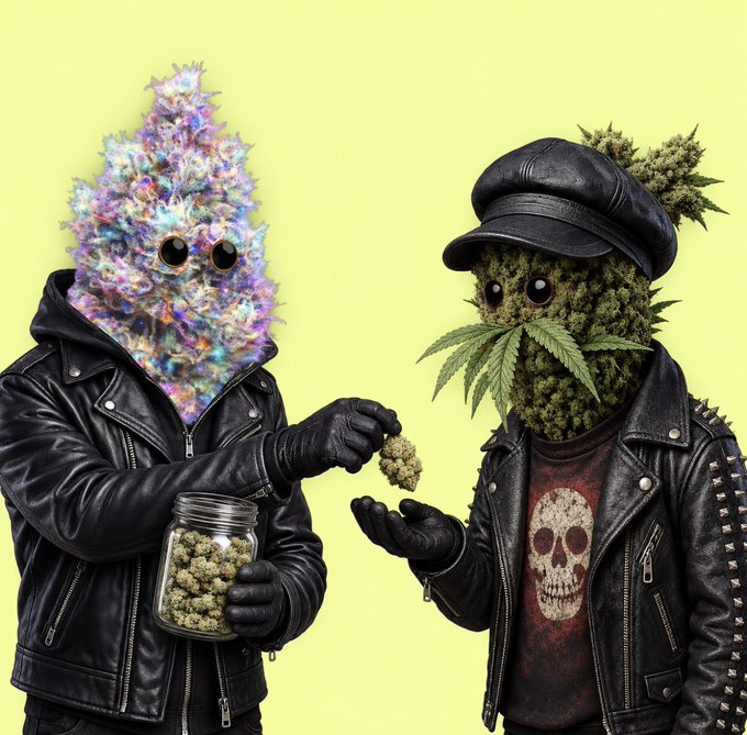 Surreal artwork depicting two figures with cannabis buds for heads wearing black leather jackets, with one handing a bud to the other against a lime-green background.