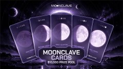 An advertisement for 'MOONCLAVE CARDS' study/print tool showing five tarot-like cards featuring different moon phases arranged in a fan.