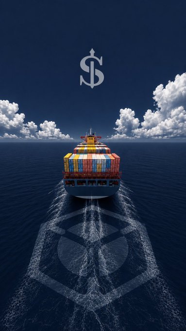 A cargo ship loaded with colorful containers sailing on the ocean under a blue sky with clouds, with a dollar sign symbol and circular wake pattern in the water.