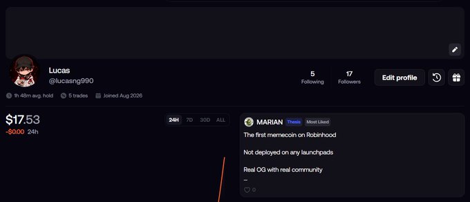 A Robinhood profile screenshot for user 'Lucas' (@lucasng999) showing 5 following, 17 followers, $17.53 portfolio value (-$9.00 24h), with a post about 'MARIAN' being 'The first memecoin on Robinhood' that has 'Not deployed on any launchpads'.