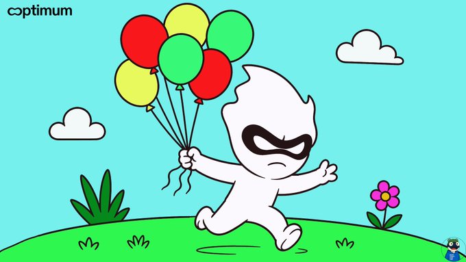 A cartoon white figure wearing a black mask runs across a grassy field holding a bunch of red, yellow, and green balloons, with the "optimum" logo in the top left corner.