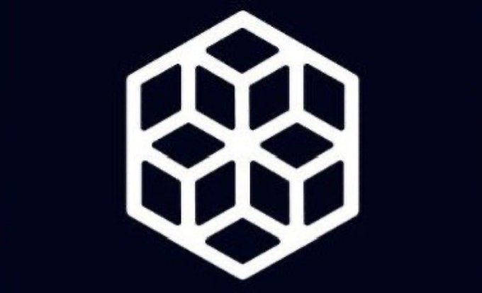 A white geometric logo featuring an isometric cube design composed of smaller squares on a dark navy background.