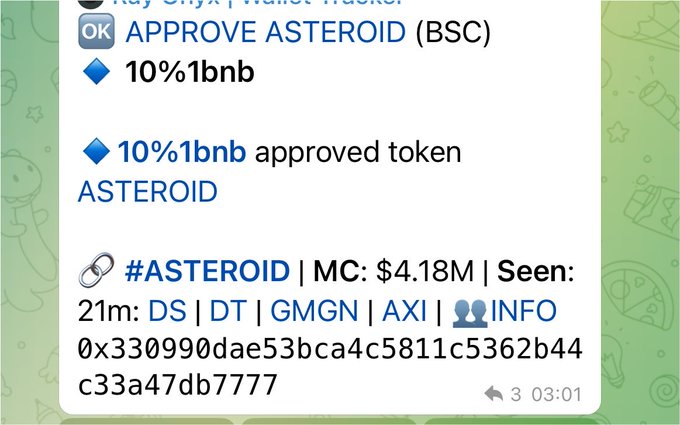 A Telegram message shows user "Alice Onyx | Wallet: Trustlet" approving the token "10%1bnb" with ASTEROID (BSC), noting that "$4.18M" was "Seen: 21m" ago and sharing the contract address "0x330990dae53bca4c5811c5362b44c33a47db7777," highlighting a successful quick response to protect capital from a potential scam.