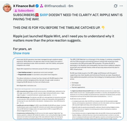 A tweet from X Finance Bull (@XFinancebull) titled "SUBSCRIBERS 🚨 $XRP DOESN'T NEED THE CLARITY ACT. RIPPLE MINT IS PAVING THE WAY," explaining why Ripple Mint's expansion into tokenized real-world assets and stablecoins like RLUSD matters more than regulatory clarity for XRP. The post promotes joining the subscriber group by connecting the dots between Ripple Mint, RLUSD's growth, and XRP's role in the evolving financial ecosystem.