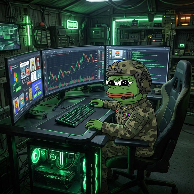 A Pepe the Frog character dressed in military gear sits at a triple-monitor setup in a green-lit cyber bunker, analyzing candlestick charts on the screens. The meme humorously pairs with the "gm what are we buying today" post by portraying the iconic crypto trader frog as a hardened "alpha operator" scouting the markets for the next trade.