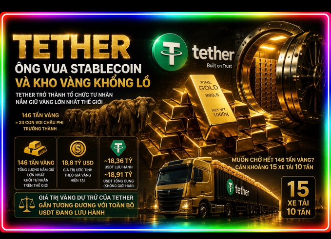 An infographic titled "TETHER" (Ông Vua Stablecoin và Kho Vàng Khổng Lồ) showcases Tether's backing, featuring gold bars, elephants, a vault, and a truck, noting figures like "146 TẤN VÀNG" and "15 XE TẢI 10 TẤN."