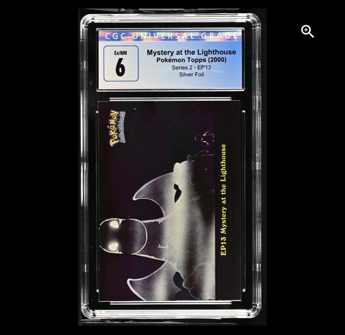 A CGC graded Pokémon card titled "Mystery at the Lighthouse" from the 2000 Topps series (Series 2 - EP13) is displayed in a protective slab, featuring a Silver Foil finish and a grade of 6.