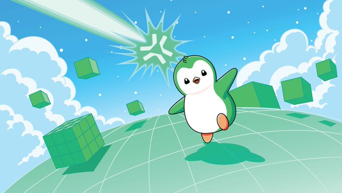 A cartoon illustration of a cute penguin running on a green grid-patterned sphere with floating green cubes, clouds, and a glowing shooting star in a blue sky.