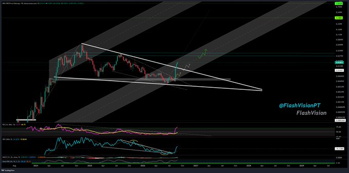A technical analysis chart of XRP/USD on a weekly timeframe shows a descending triangle or wedge pattern with white trendlines and a downward arrow, overlaid with various technical indicators and watermarked '@FlashVisionPT FlashVision'.