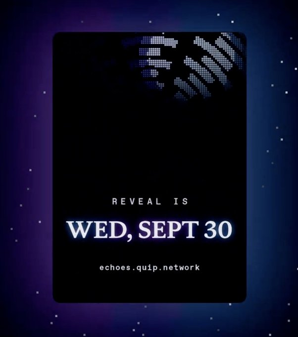 A dark promotional graphic with a pixelated skull design displays the text "REVEAL IS WED, SEPT 30" and the URL "echoes.quip.network," teasing the unveiling of Quantum Echoes mint artwork. The image aligns with the post's announcement of gQuip's reveal rollout, marking September 30 as the date when previously unassigned art for 226k unrevealed pieces will be revealed using a 256-bit seed.