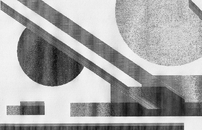 A black and white abstract geometric composition with halftone textures featuring circles and diagonal bands on a light background.