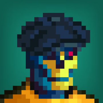 Pixel art portrait of a figure with blue hair against a dark teal background.