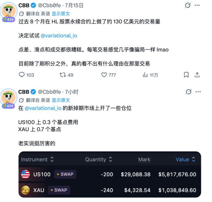 The image displays screenshots of two posts by @Cbb0fe about Variational, including criticism about its previous perpetual contracts and a recent post showing swap positions in US100 (-200, valued at $5,817,676.00) and XAU (-240, valued at $1,038,849.60) totaling nearly $7M. This visual evidence aligns with the caption's claim, showing the user's shift from dismissing Variational to opening substantial positions after Swap launched.