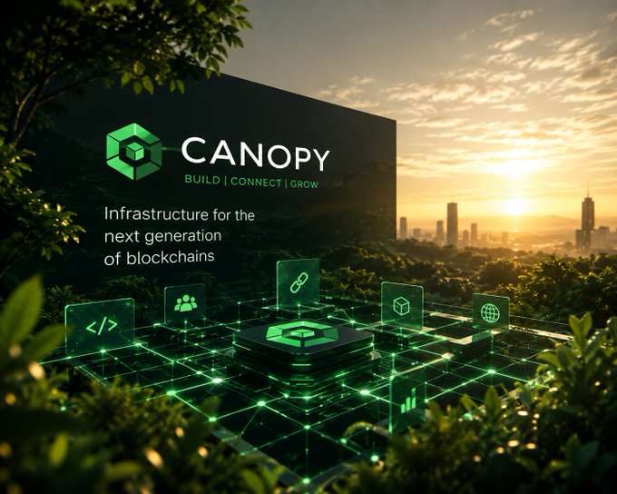 A promotional graphic for 'CANOPY - BUILD | CONNECT | GROW' describing it as 'Infrastructure for the next generation of blockchains' with a digital cube and icons over a city skyline.